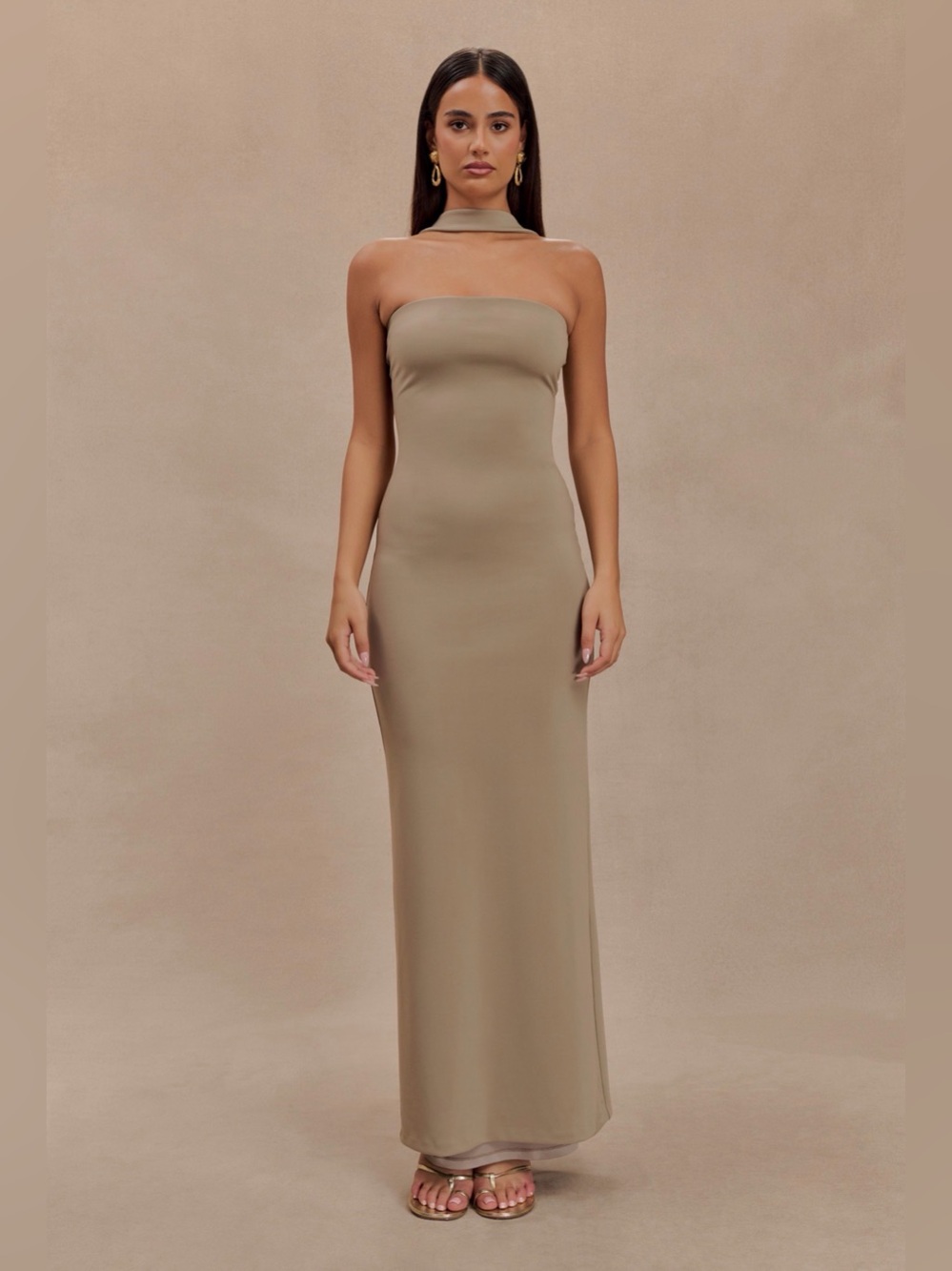 MESHKI Chic Strapless Taupe Maxi Dress with Neck Band